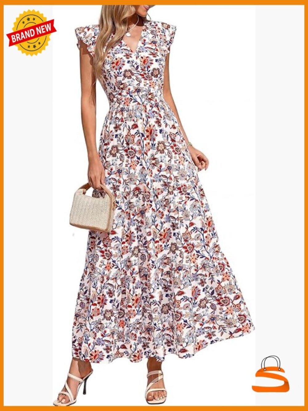 Women's Maxi Dress Floral Ruffle Sleeve Wrap V Neck Flowy Boho Casual Spring